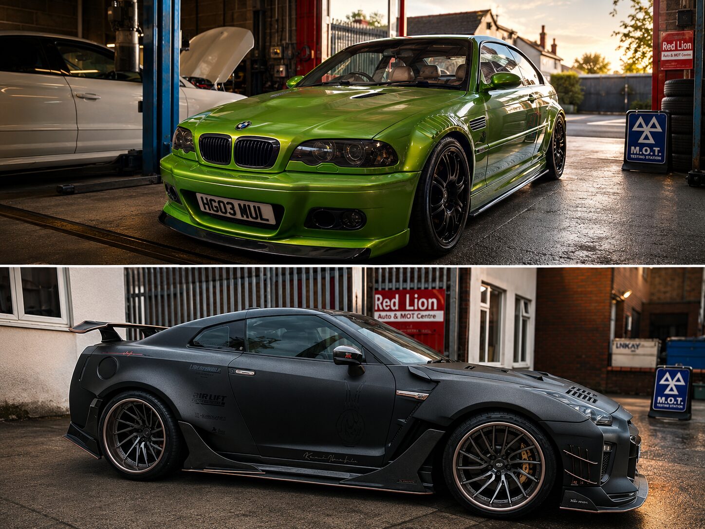 BMW M3 and Nissan GT-R at Red Lion garage